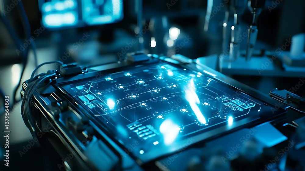 Poster close-up view of futuristic technology with a glowing interface displaying intricate circuit pattern