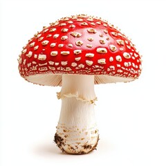 Striking red mushroom with white spots growing in a lush forest floor creating a captivating nature scene