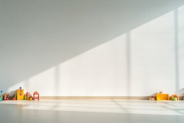minimalistic photograph of colorful children playroom filled with various toys and educational materials scattered