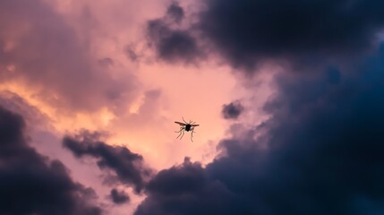 Obraz premium A drone flying through a colorful sky filled with clouds during sunset, showcasing a blend of deep purples, soft pinks, and hints of orange in the background