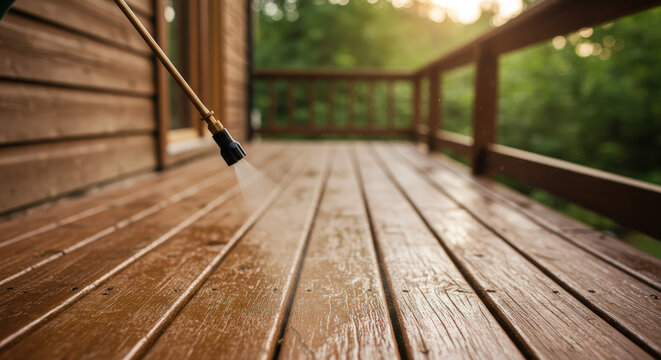 Termite treatment technology spraying on wooden deck at sunset  