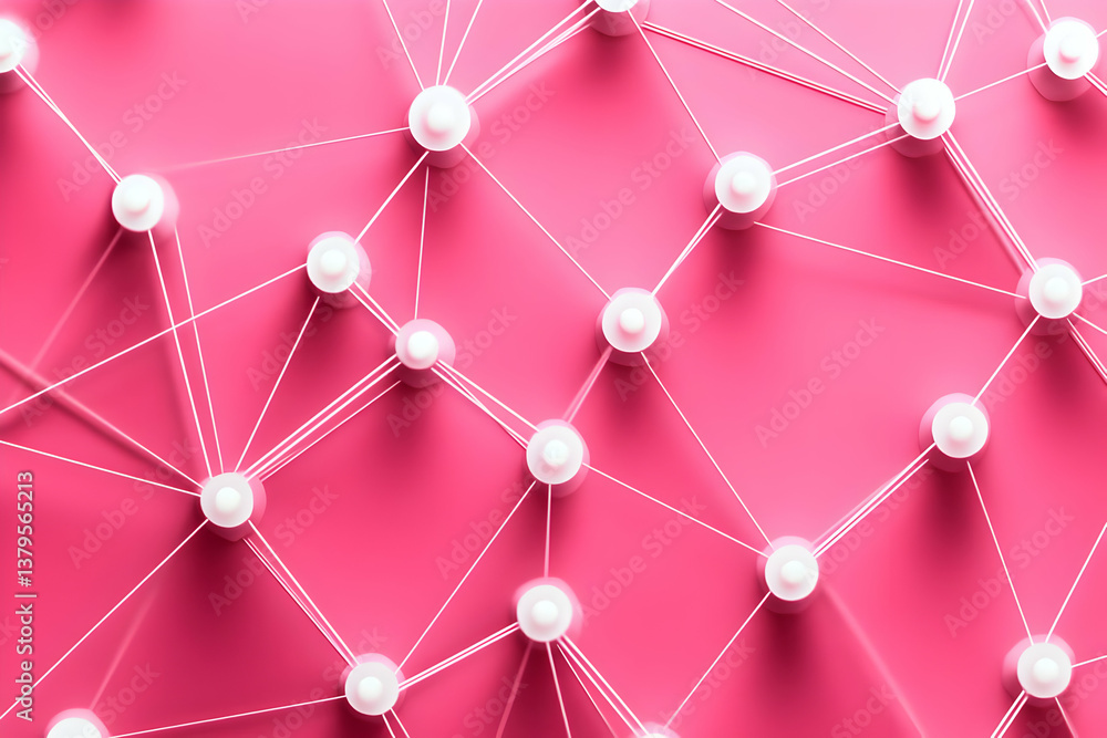Poster an abstract network design featuring white nodes connected by lines on a vibrant pink background, sy