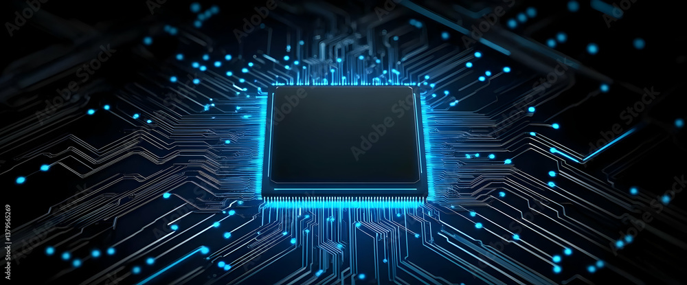 Poster an abstract representation of a microchip on a circuit board with glowing blue lights, symbolizing i