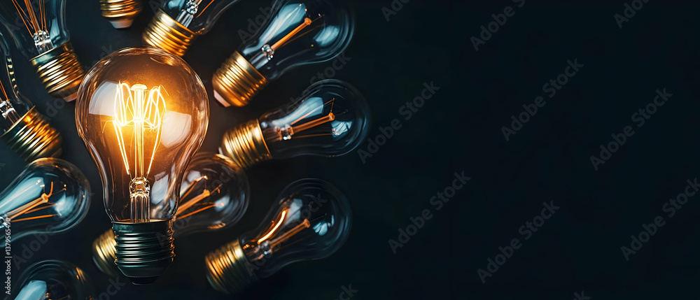 Poster an array of light bulbs showcasing a single illuminated bulb, symbolizing innovation and creativity 