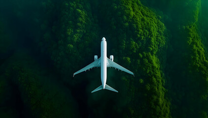 Naklejka premium An aerial view of an airplane flying above lush green vegetation, showcasing the blend of technology and nature.