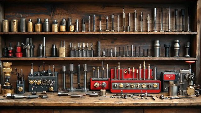 Collection of vintage tools and equipment on wooden workbench