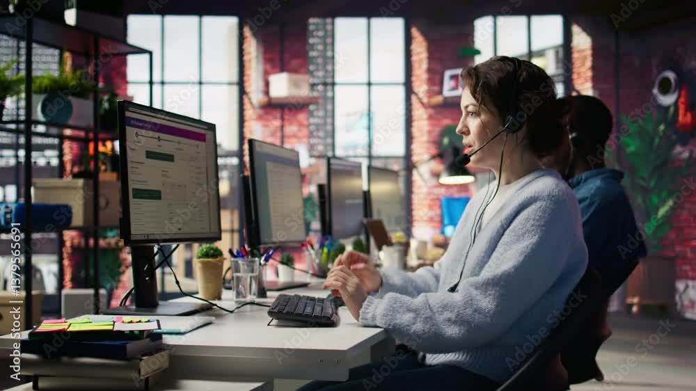Poster customer support workers assist customers with technical issues by diagnosing problems. call center 