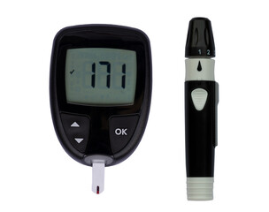Black ditigal glucose meter for diabetic and black lancet pen on transparent background.