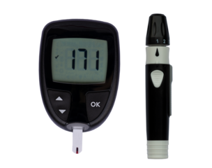 Black ditigal glucose meter for diabetic and black lancet pen on transparent background.