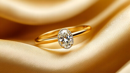 An elegant gold ring with a sparkling diamond sits gracefully on soft satin fabric, symbolizing luxury and romance.