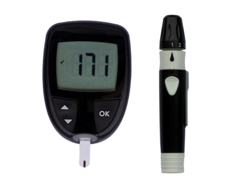Black ditigal glucose meter for diabetic and black lancet pen on transparent background.
