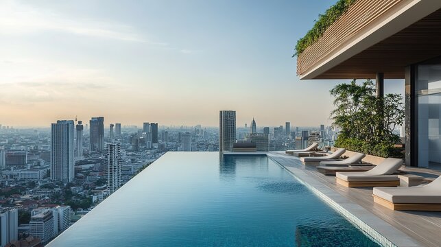 A stylish rooftop infinity pool with a city view.
