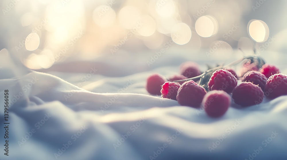 Poster fresh raspberries scattered on soft white fabric with a dreamy, blurred background creating a warm a
