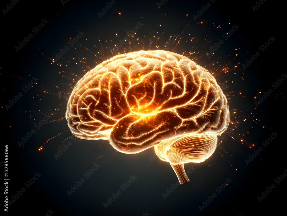 Poster an illuminated brain with dynamic sparks, representing creativity, innovation, and cognitive power i