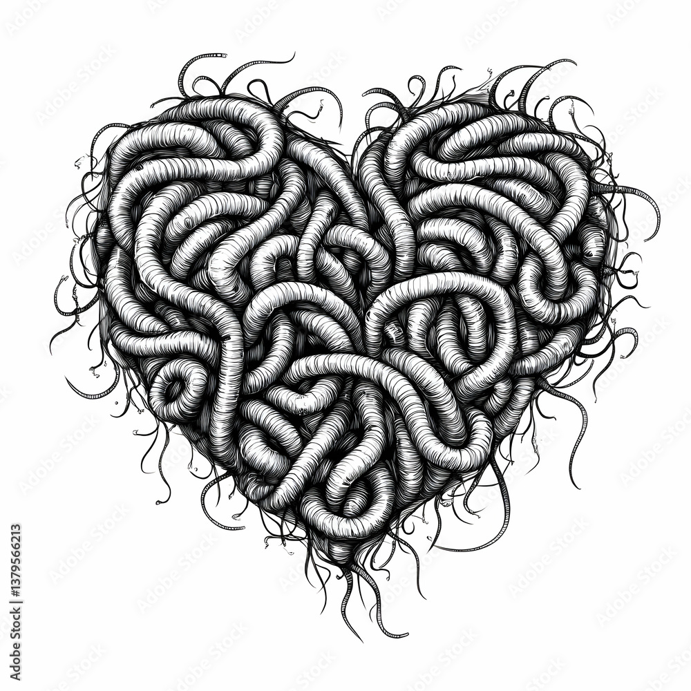 Poster an intricate heart design formed by intertwining lines and shapes, symbolizing complex emotions and 