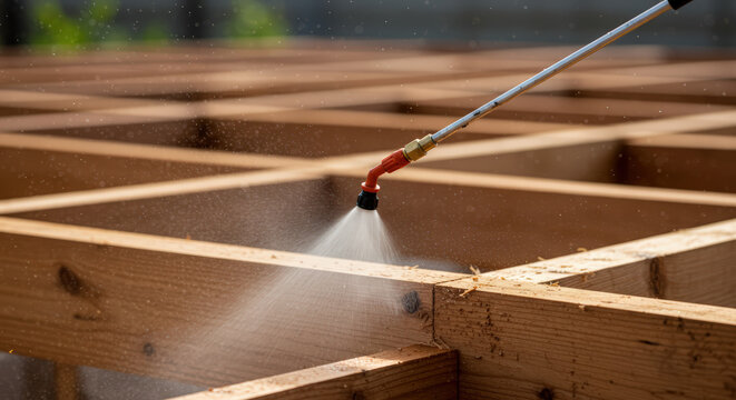 Termite treatment spray applied on wooden foundation structure  