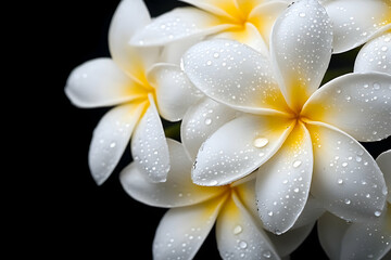 Fototapeta premium Beautiful white plumeria flowers with yellow accents and droplets of water against a dark background, showcasing nature's elegance.