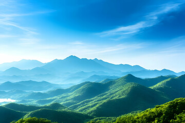 Fototapeta premium Breathtaking panoramic view of lush green mountains against a clear blue sky, evoking tranquility and natural beauty.