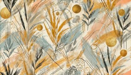 seamless abstract pattern featuring bold brush strokes in pastel yellow and pastel orange tones with metallic gold accents, good for textile prints, wallpapers and graphic design