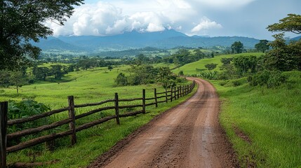 Fototapeta premium A scenic dirt road winds through lush green pastures and hills