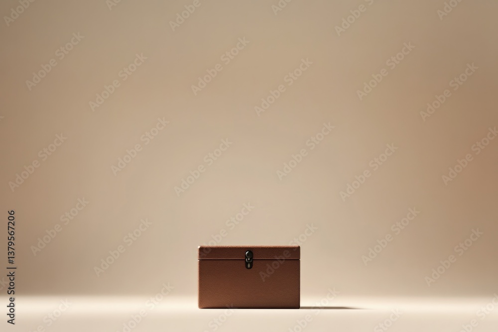 Poster minimalistic treasure chest bathed in soft warm light sits atop smooth empty surface with ample copy