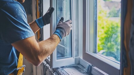 A construction worker installing window frames in a new building. Featuring precision and care