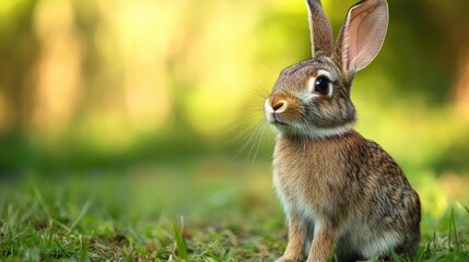 Fototapeta premium Cute Brown Rabbit Sitting on Green Grass with Bokeh Background
