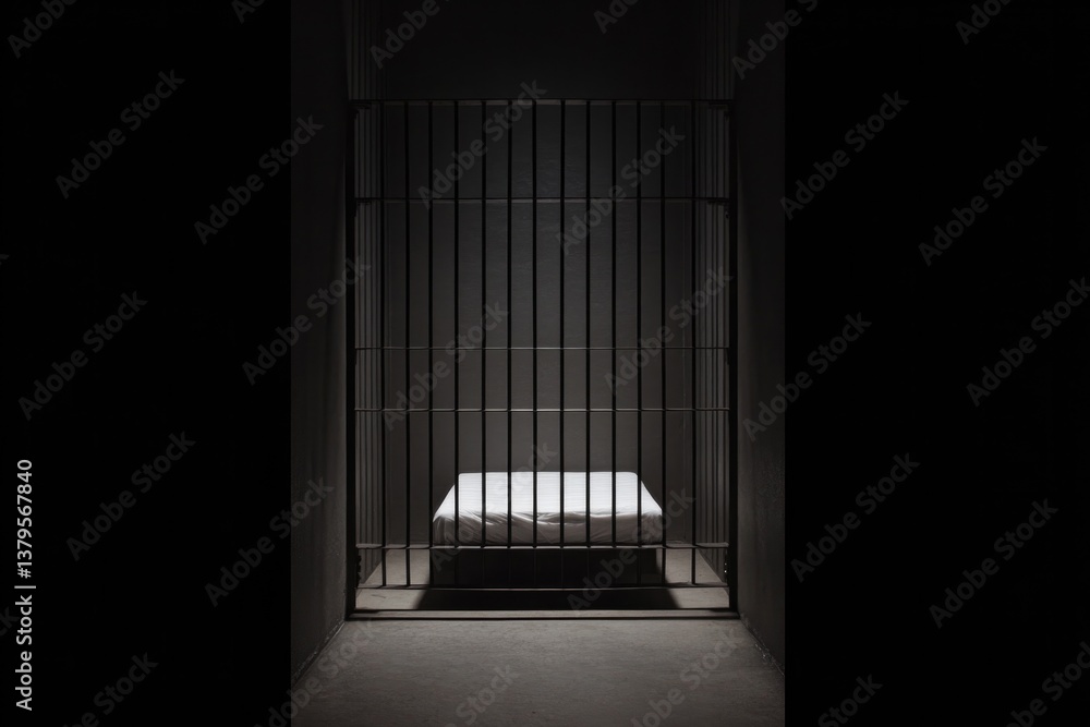 Poster minimalistic view of dimly lit sparse prison cell with single bed metal bars casting shadows and amp