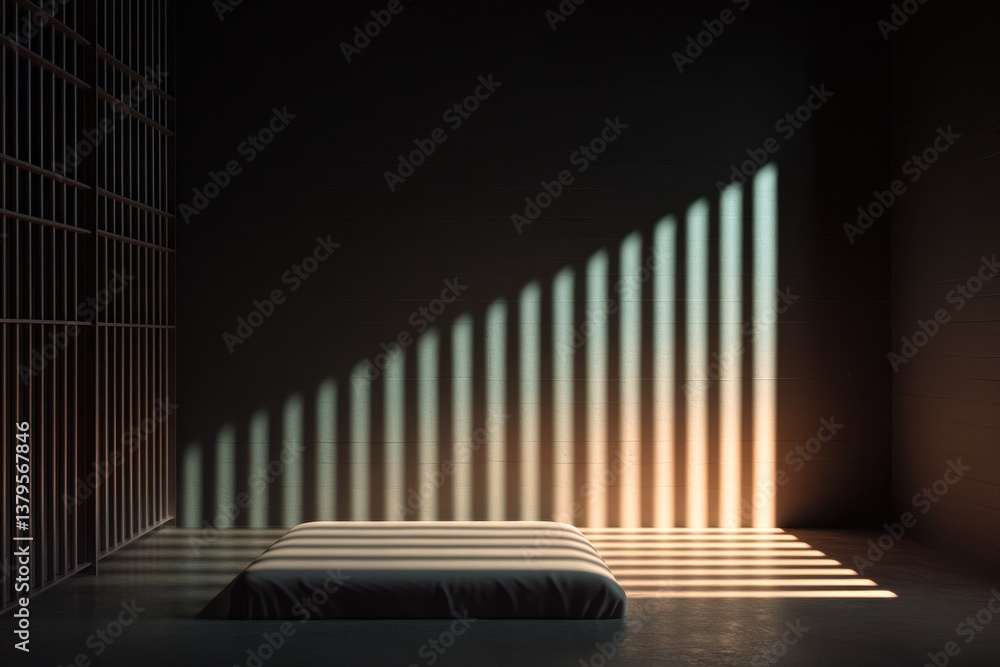 Poster minimalistic view of dimly lit sparse prison cell with single bed metal bars casting shadows and amp