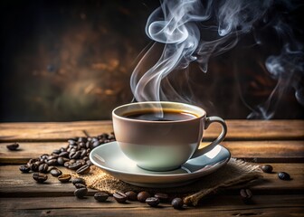 Closeup of a cup of coffee with smoke and beans on a saucer