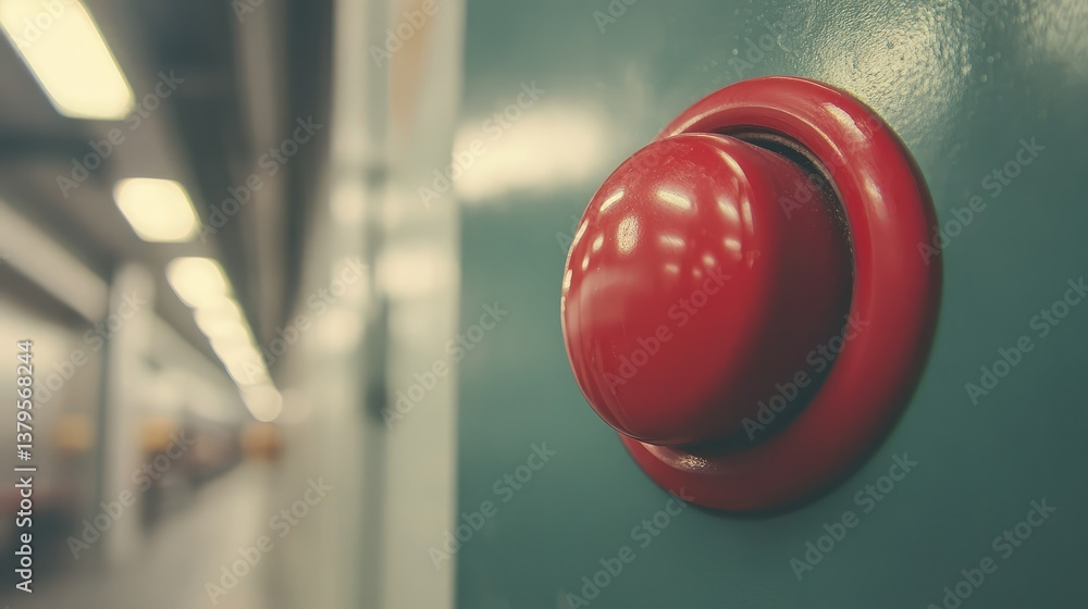 Poster emergency safety shutdown button on factory machinery with visible safety signs and clear space for 