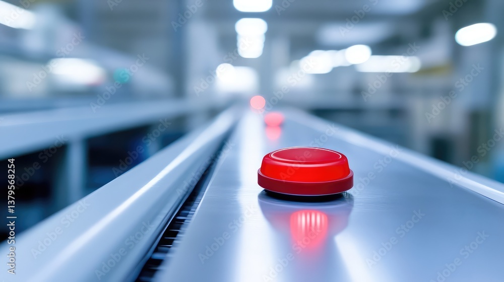 Aufkleber emergency stop button on a factory machine, clearly visible in a well-maintained and clean industria