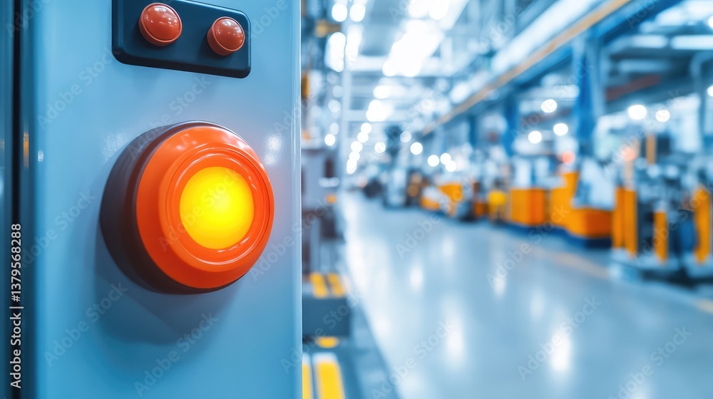 Poster emergency stop button on a factory machine, clearly visible in a well-maintained and clean industria