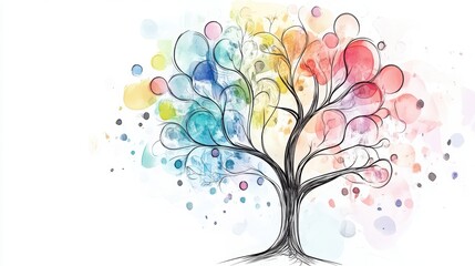 A colorful artistic representation of a tree, featuring vibrant circles and watercolor effects against a light background.