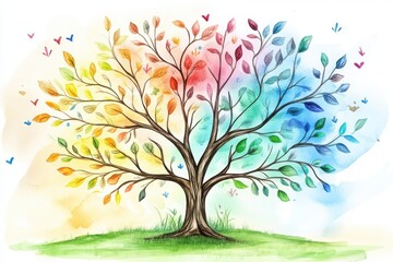 A colorful, artistic tree with vibrant leaves and butterflies, symbolizing nature's beauty and creativity.