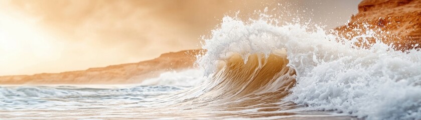 A stunning ocean wave crashes against the shore, capturing the beauty of nature with warm tones and a serene atmosphere.