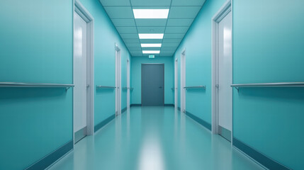 Obraz premium clean and modern hospital corridor with teal walls, bright lighting, and white doors creates calming atmosphere