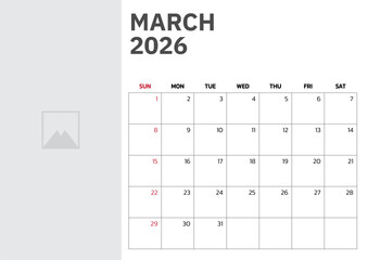 March 2026 Calendar. Week start on Sunday. Desk calendar 2026 design, simple and clean design, Wall calendar for print, digital calendar, Corporate design planner template vector.