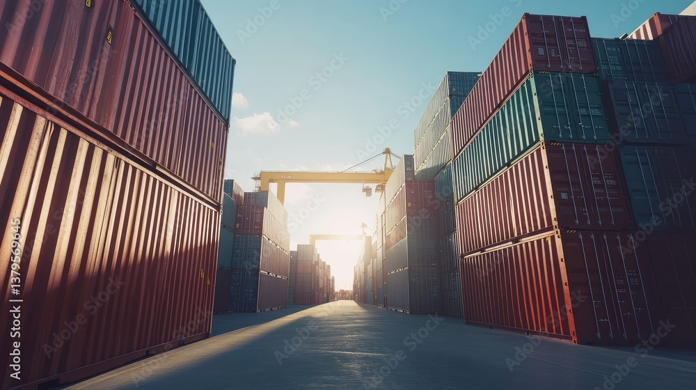Poster freight containers stacked neatly at a shipping terminal, with clear space for text above the stacks
