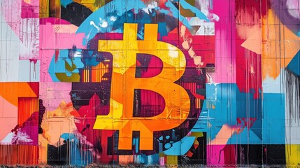 Fototapeta premium Color-splashed crypto mural with a bright yellow Bitcoin symbol at its center, layered over chaotic geometric patterns and paint drips on an industrial wall.