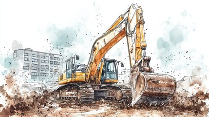 A detailed illustration of an excavator at work, showcasing its powerful arm digging into a construction site with a backdrop of urban buildings.