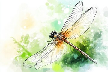 A vibrant, artistic illustration of a dragonfly, showcasing intricate details and an abstract background of green and yellow hues.