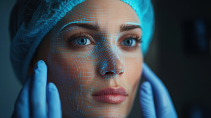 woman with blue eyes and surgical cap examines her face, enhanced with digital grid overlay, symbolizing technology and beauty