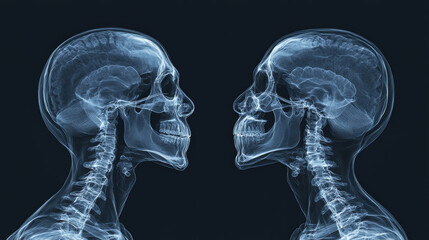 X ray images of human skulls showcasing detailed anatomical structures, highlighting cranial features and spine alignment