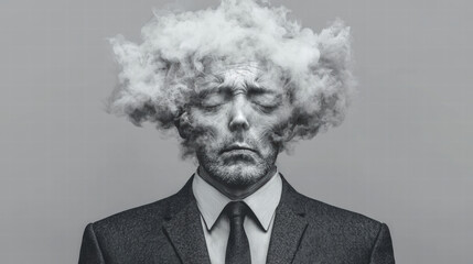 Fototapeta premium Man in suit with smoke cloud head, expressing stress and confusion, creating surreal atmosphere