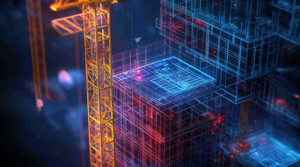Futuristic construction crane with a glowing blueprint overlay, showcasing architectural engineering precision in high-rise development.