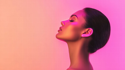 Fototapeta premium profile of woman with sleek hairstyle, illuminated by vibrant pink and purple lights, showcasing modern aesthetic