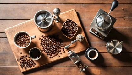 Naklejka premium Top View of Coffee Beans and Brewing Tools on Wooden Table