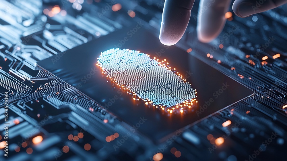 Poster futuristic fingerprint scanning on a circuit board, symbolizing technology and security.