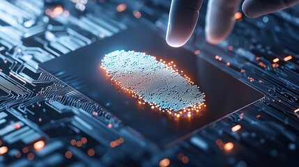 Futuristic fingerprint scanning on a circuit board, symbolizing technology and security.